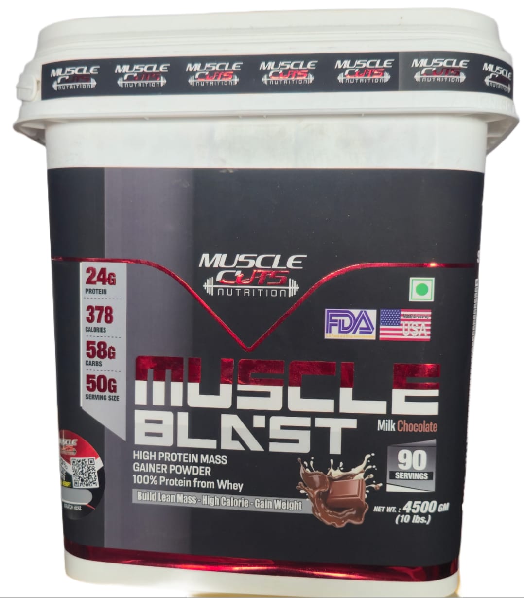 MUSCLE BLAST HIGH PROTEIN MASS GAINER POWDER  PROTEIN FROM WHEY  ENERGY VALUE-378 KCAL  CARBOHYDRATES- 58 G  FAT- 10 G  PROTEIN-24 G  CALCIUM-500 MG